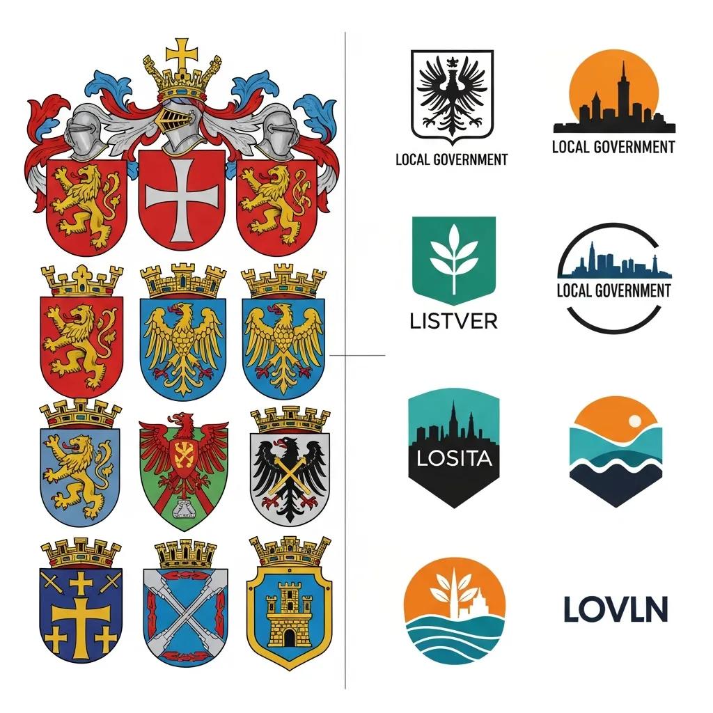 Comparison of municipal coats of arms and local government emblems highlighting design differences and heraldic symbols.