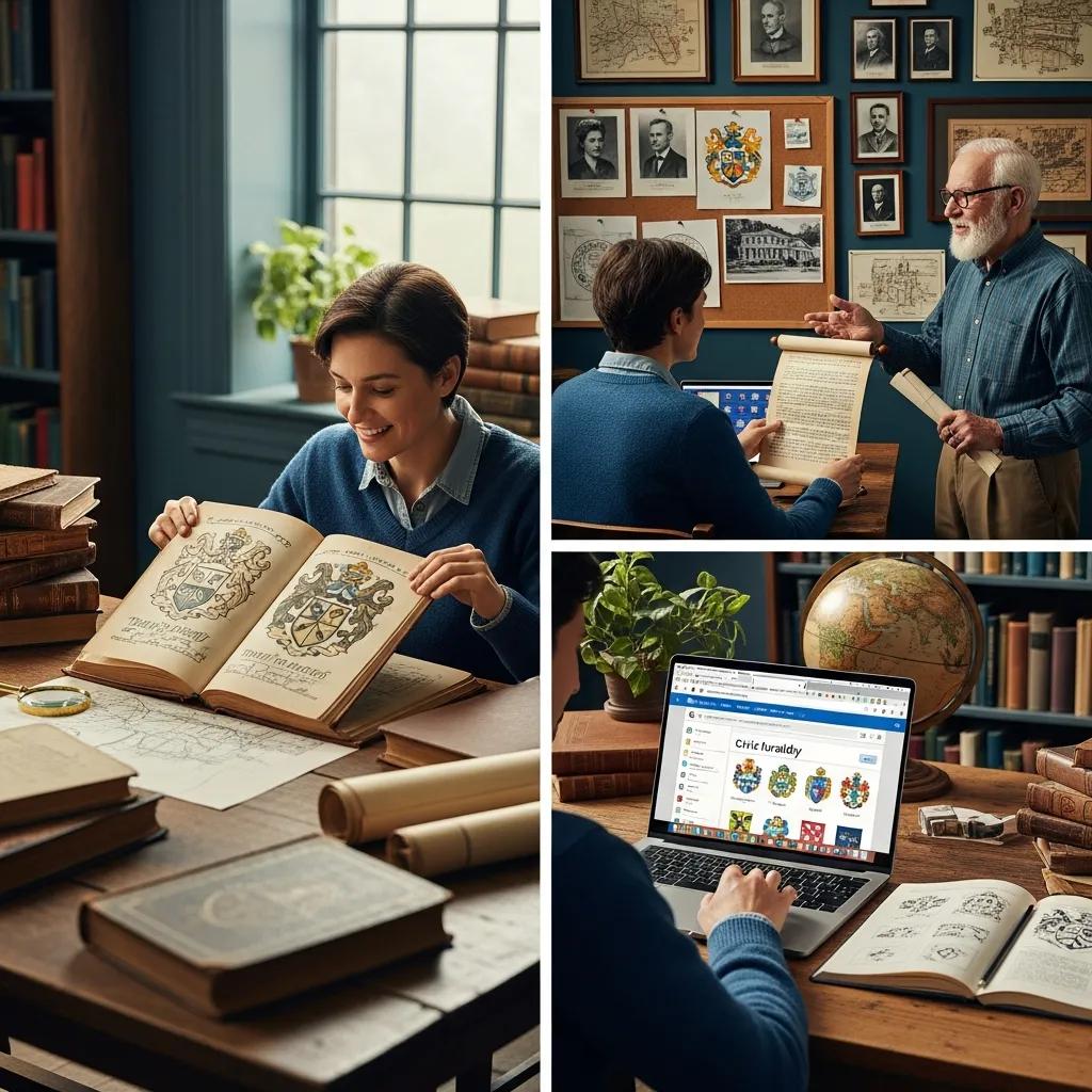 Man examining heraldry documents and online resources for researching civic emblems.