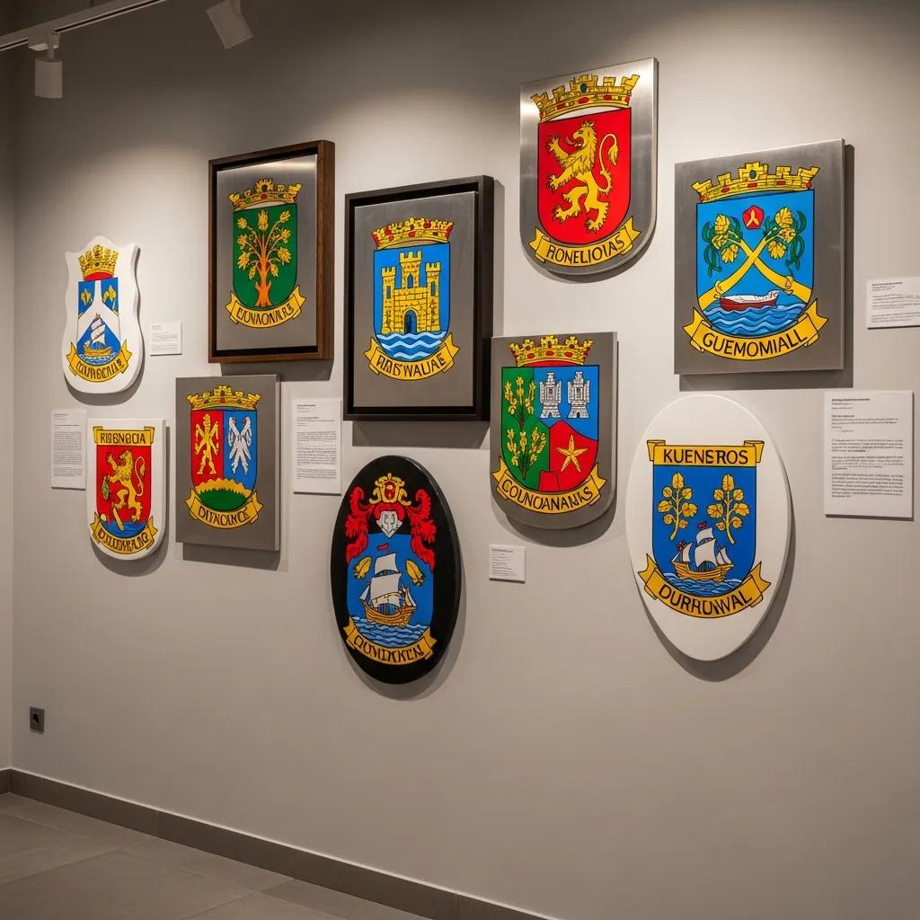 Colorful display of framed municipal emblems representing civic heraldry and community identity.