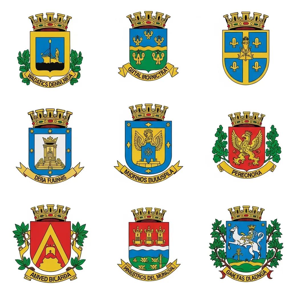 Diverse municipal coats of arms and city heraldry symbols representing community identity and history.