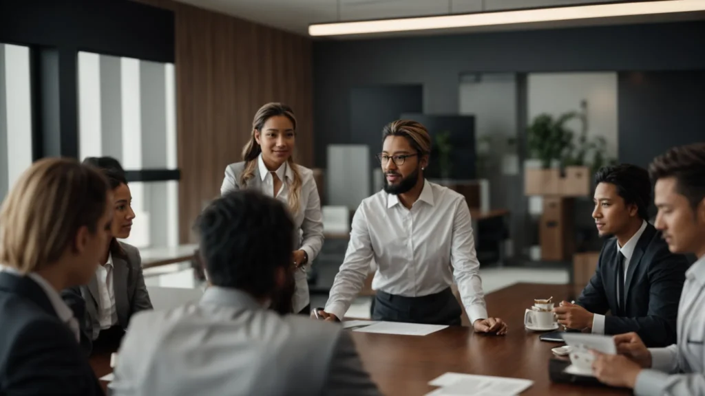 a person confidently presenting a business strategy to a professional group in a well-lit, modern office.