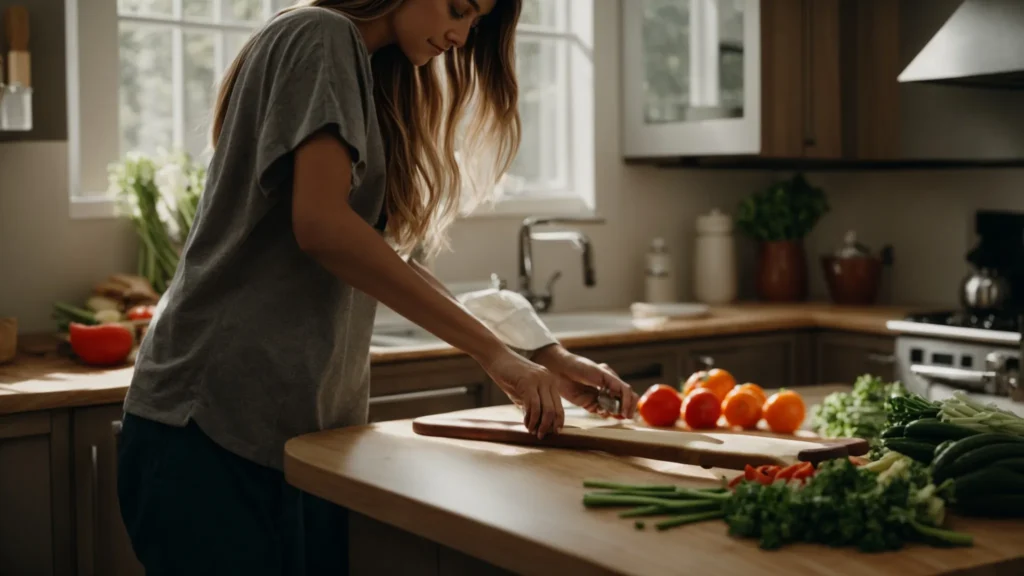 a person standing in a kitchen, focused on chopping vegetables on a cutting board.