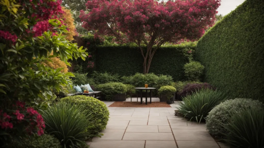 a lush patio bordered with vibrant artificial trees offering a serene and inviting outdoor space.