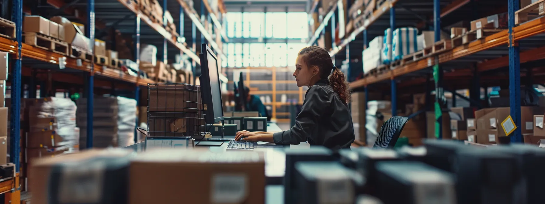 a team of professionals working together at a computer in a warehouse, with shelves of inventory in the background.