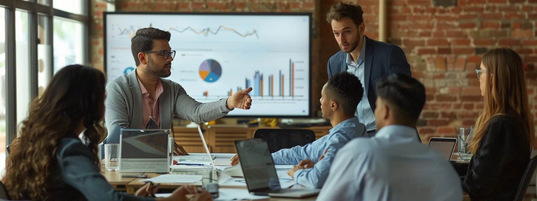 a group of professionals gathered around a table, pointing to a chart showing academic achievements and career progression linked to a mentorship program for young scholars.