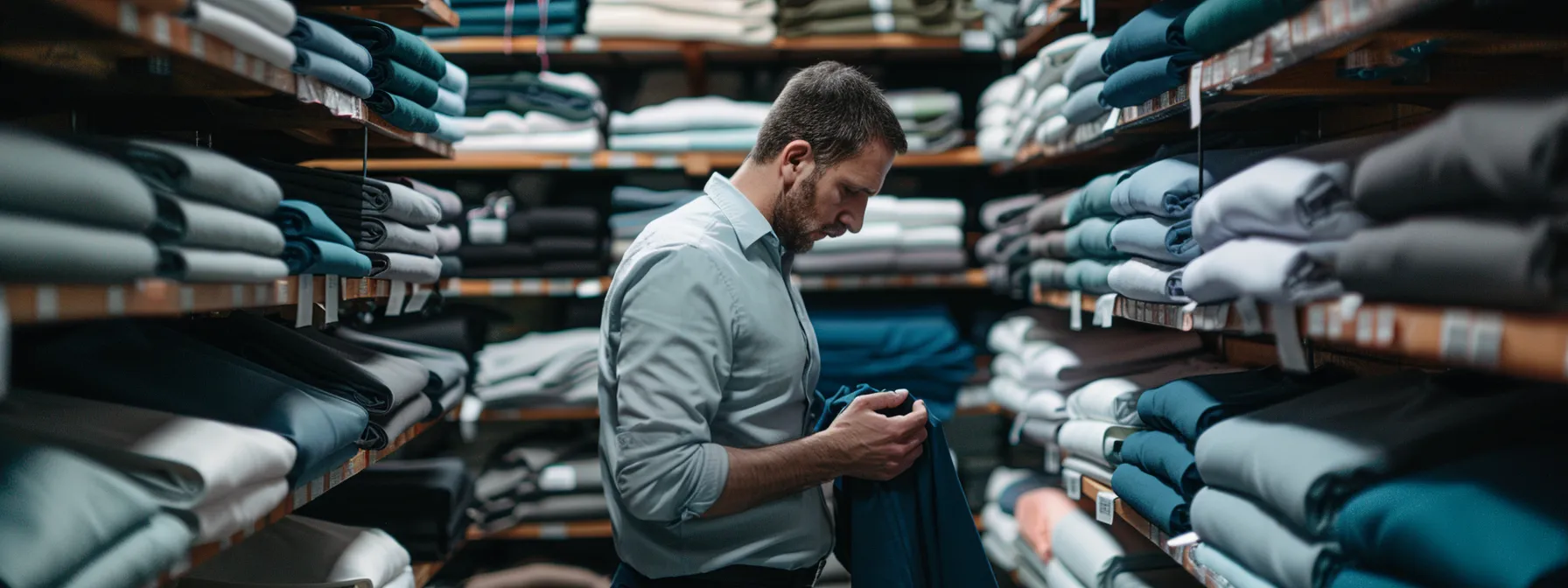 a professional business owner carefully selecting high-quality fabric for men's short-sleeve shirts in canada.