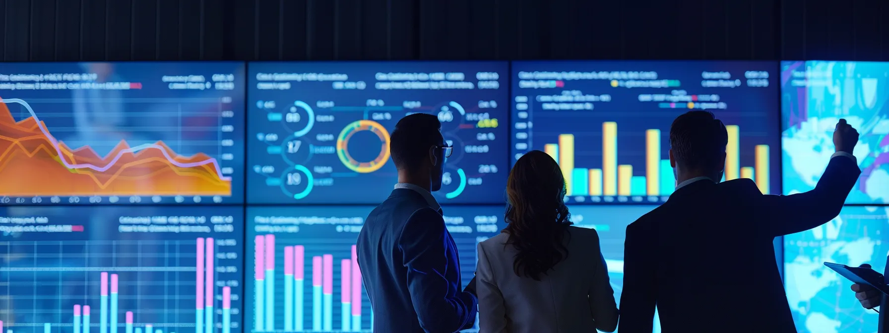 a group of business professionals analyzing charts and graphs on a large screen.