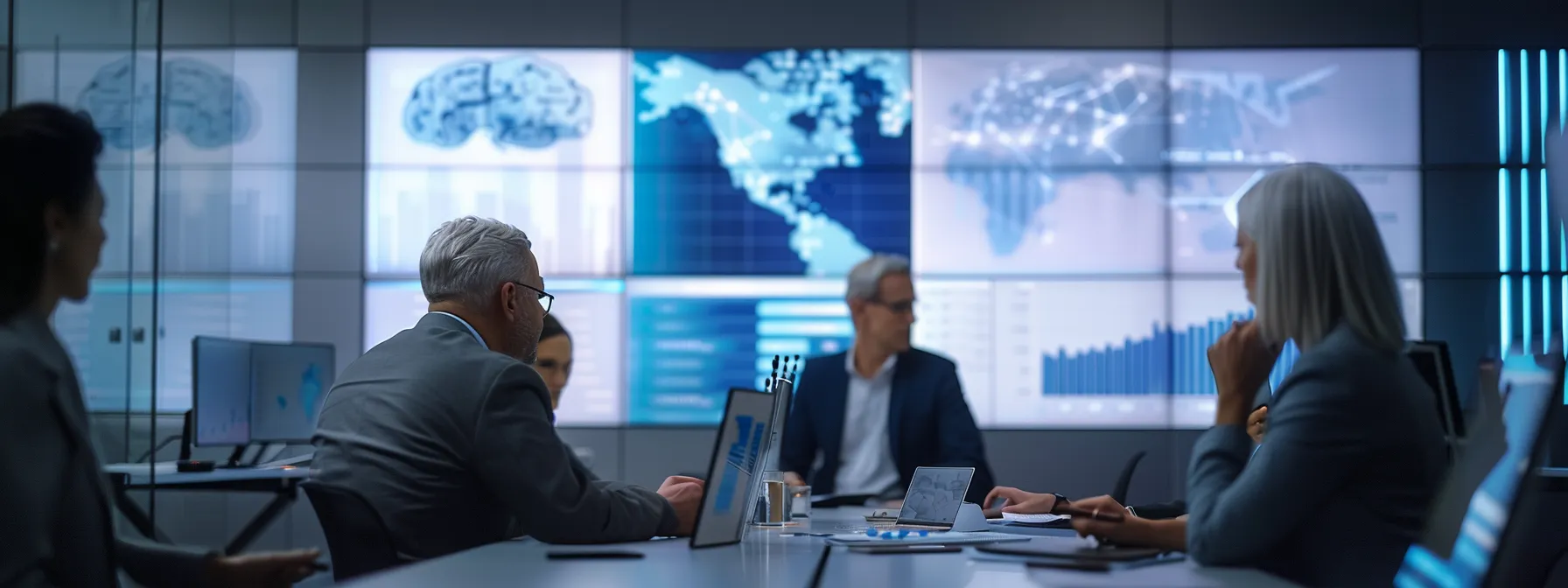 business professionals in a conference room discussing privacy and security concerns related to medical ai scribe technology.