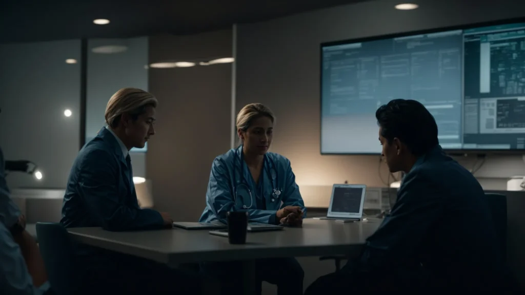 a doctor and a patient engage in a focused conversation while a computer screen in the background displays an ai interface.
