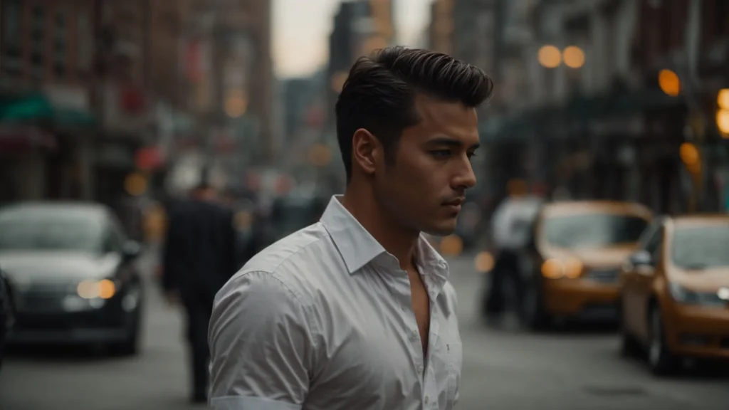 a man in a sharp, perfectly fitting short-sleeve shirt walks confidently through a bustling canadian cityscape.