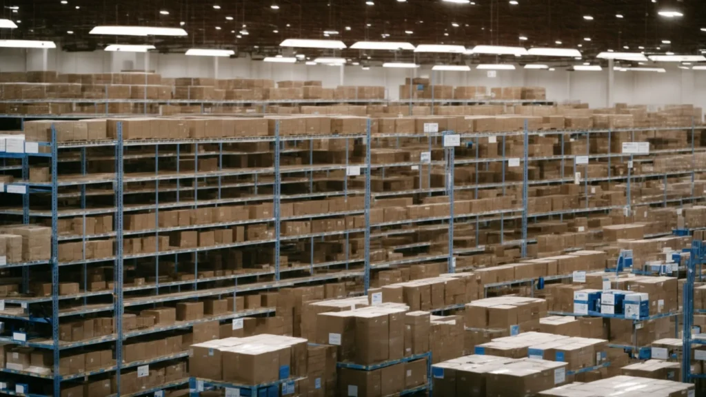 rows of shelves filled with neatly organized boxes in a large warehouse, illuminated by overhead lights.