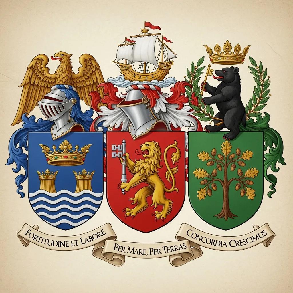 Artistic representation of heraldic elements including shields and crests, illustrating design significance in civic heraldry