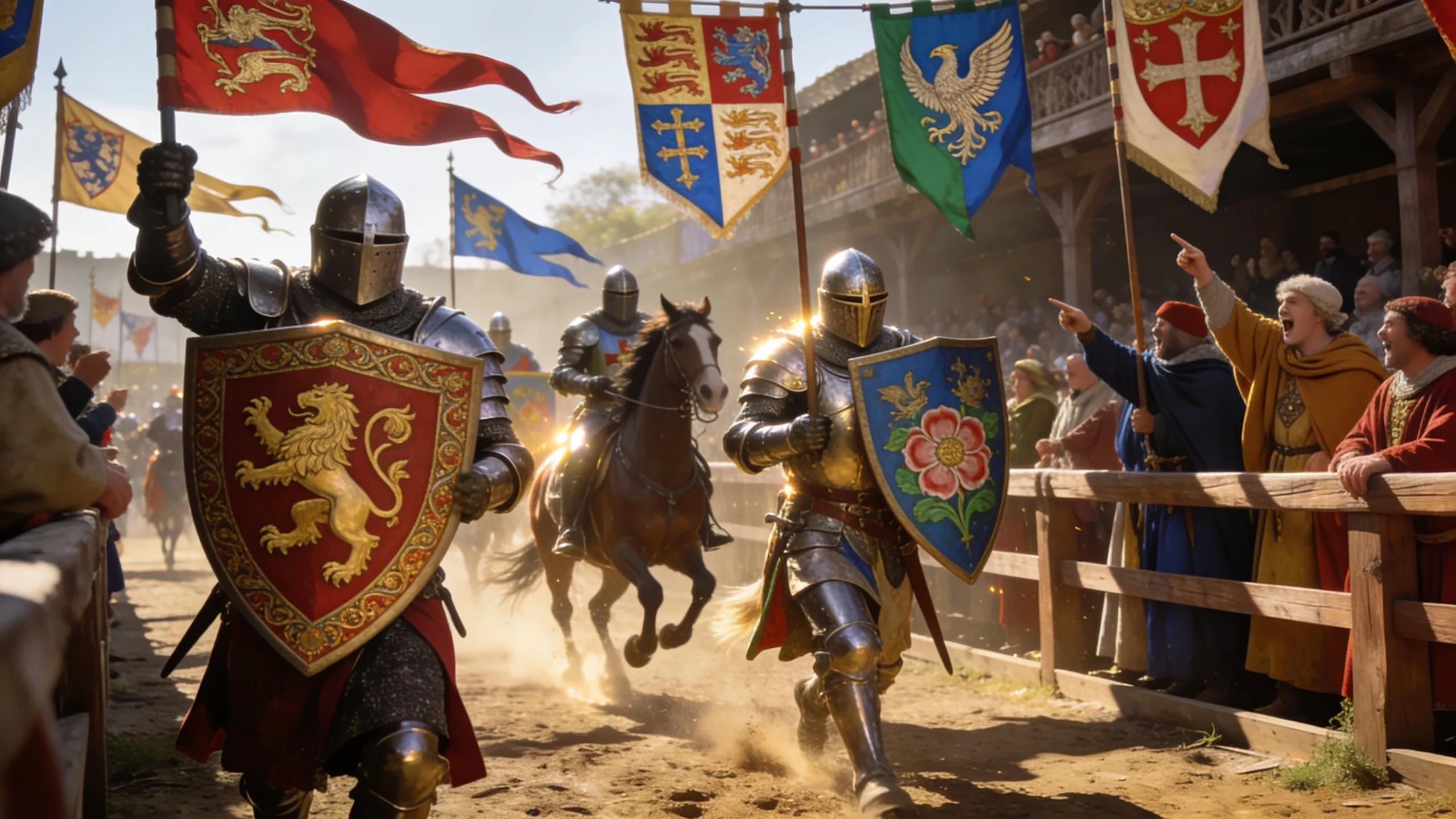 Knights displaying coats of arms on shields during a medieval tournament scene