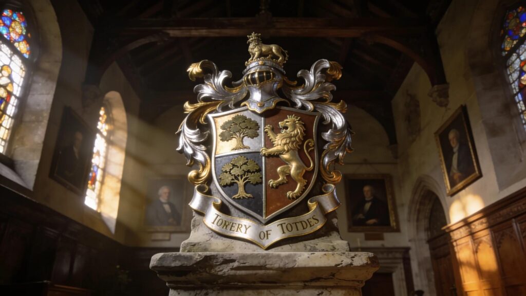 Detailed family crest in a historical setting symbolizing heritage and personal identity
