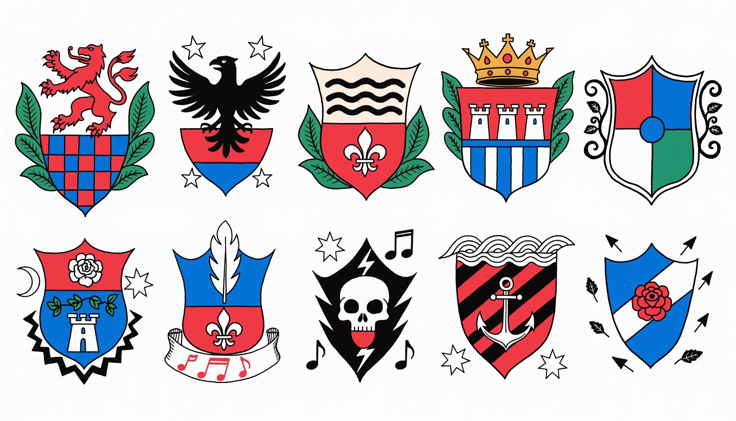 Various heraldic symbols including a lion, an eagle, and a shield representing values in heraldry