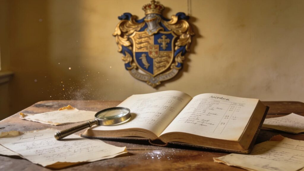 Exploring family history with ancestral documents and a magnifying glass over a family crest